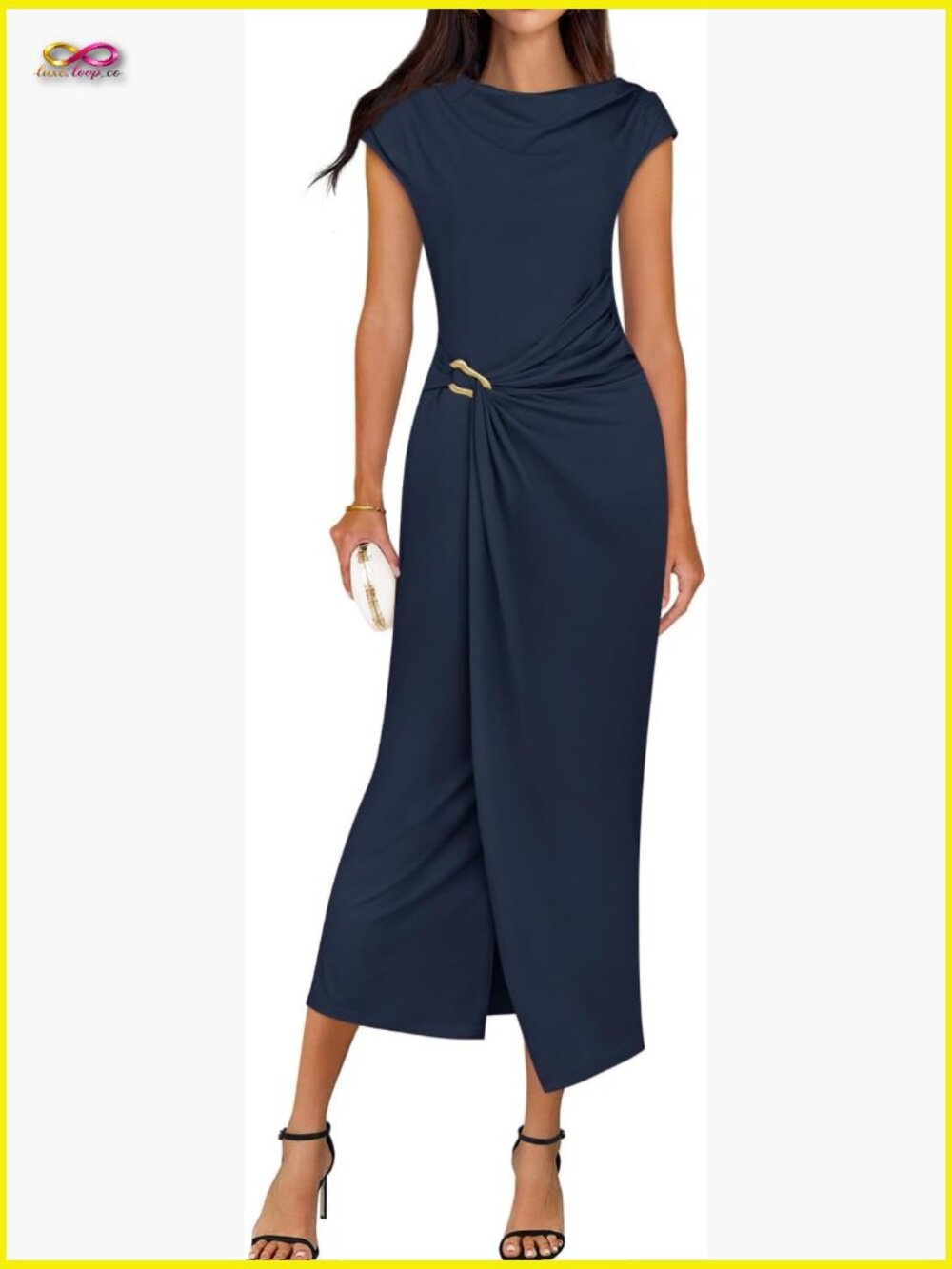 Cap Sleeve Bodycon Midi Dress Mock Neck Slit Elegant Wedding Guest Cocktail